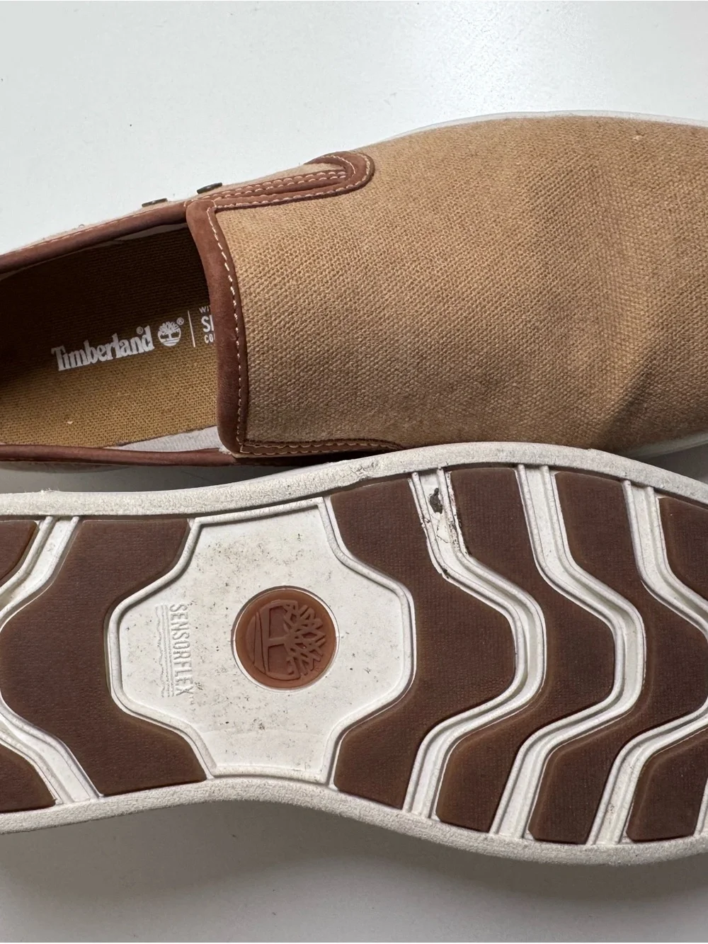 Timberland Men's Slip-On Canvas Boat Shoes in Brown and Tan
